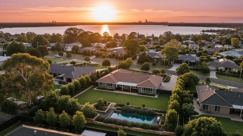 Dramatic aerial shot capturing a golden sunset over the serene residential landscape of Hamlyn Heights, Victoria, showcasing the breathtaking perspectives achievable with elevated Hamlyn Heights drone photography. The photo features an elegant modern home amidst lush green gardens, with distant Geelong city lights twinkling and Corio Bay reflecting the vibrant sky, creating an epic, professional, color-graded image.