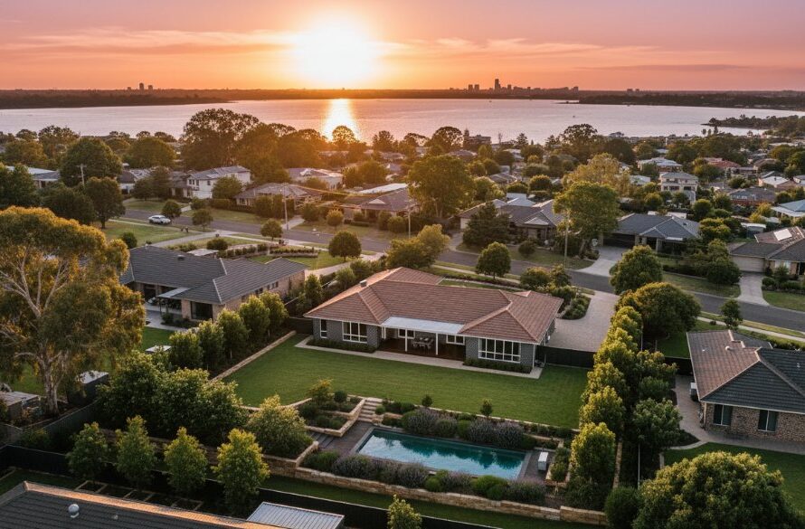Dramatic aerial shot capturing a golden sunset over the serene residential landscape of Hamlyn Heights, Victoria, showcasing the breathtaking perspectives achievable with elevated Hamlyn Heights drone photography. The photo features an elegant modern home amidst lush green gardens, with distant Geelong city lights twinkling and Corio Bay reflecting the vibrant sky, creating an epic, professional, color-graded image.