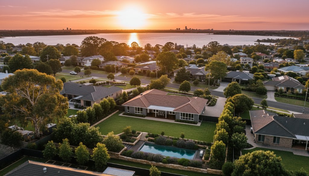 Dramatic aerial shot capturing a golden sunset over the serene residential landscape of Hamlyn Heights, Victoria, showcasing the breathtaking perspectives achievable with elevated Hamlyn Heights drone photography. The photo features an elegant modern home amidst lush green gardens, with distant Geelong city lights twinkling and Corio Bay reflecting the vibrant sky, creating an epic, professional, color-graded image.