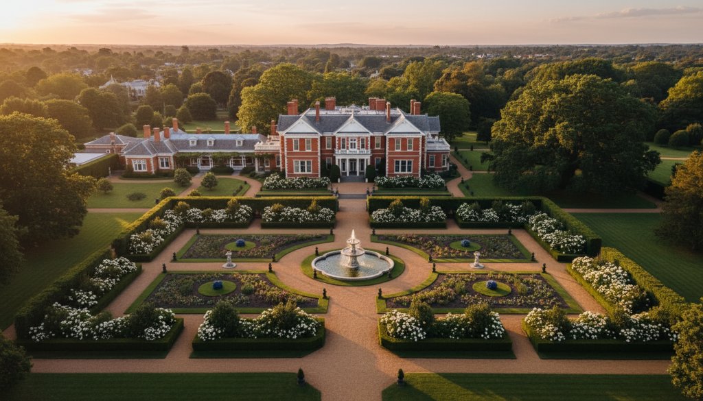 An epic drone shot capturing the elegant tree-lined streets and historic architecture of Armadale, Victoria, at sunset, highlighting the unique charm through Elevated Perspectives Armadale Victoria Drone Photography.