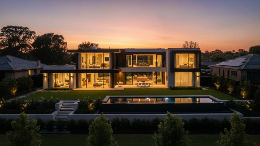 An exquisite twilight shot showcasing a modern family home in Narre Warren South, Victoria, featuring lush gardens and a sparkling pool, captured with elevated real estate photography techniques, dramatic lighting, and professional colour grading, illustrating the perfect sunset moment.