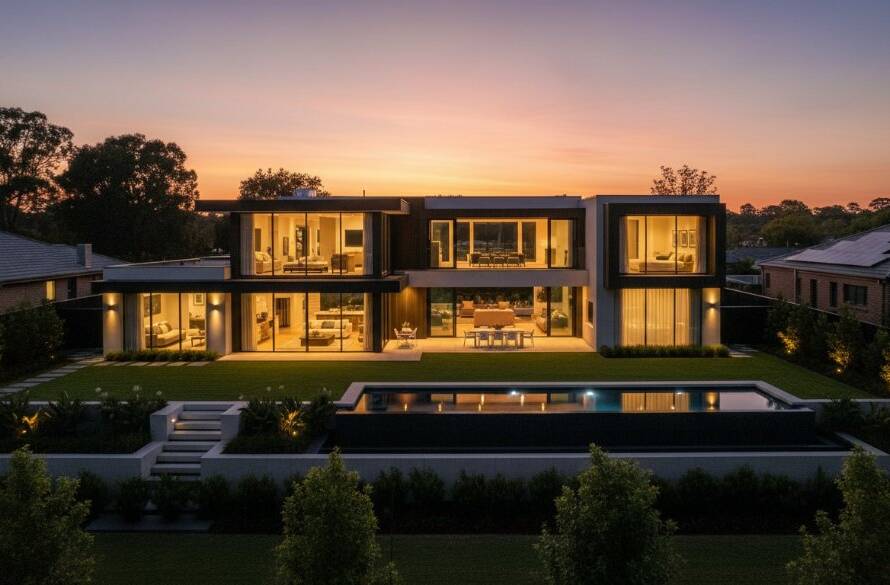 An exquisite twilight shot showcasing a modern family home in Narre Warren South, Victoria, featuring lush gardens and a sparkling pool, captured with elevated real estate photography techniques, dramatic lighting, and professional colour grading, illustrating the perfect sunset moment.
