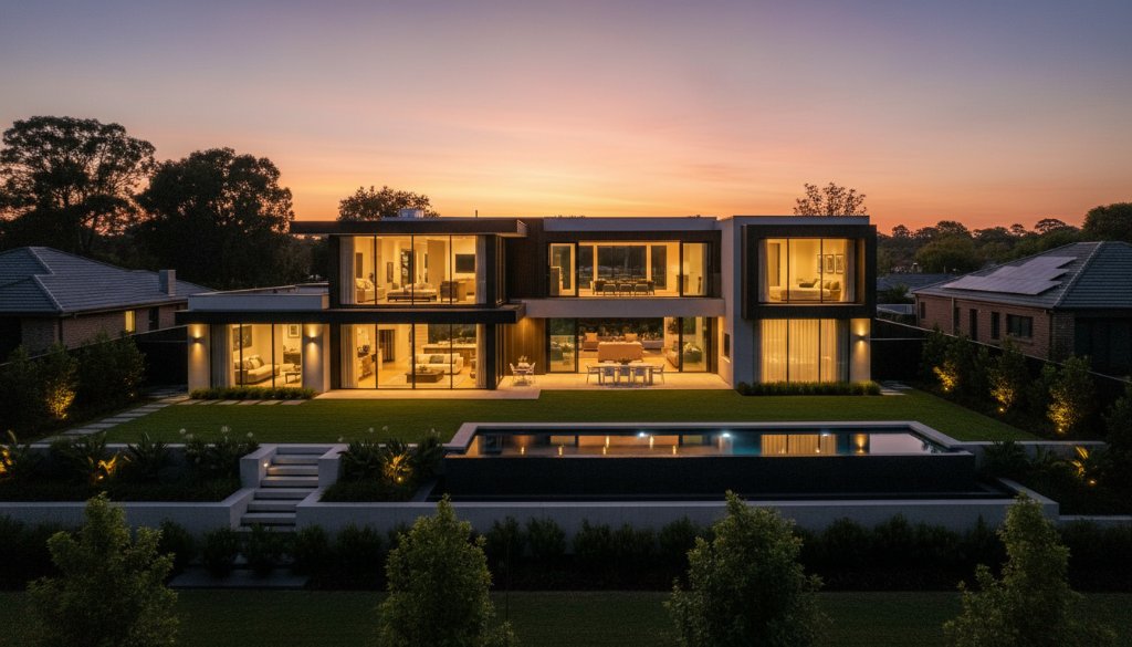An exquisite twilight shot showcasing a modern family home in Narre Warren South, Victoria, featuring lush gardens and a sparkling pool, captured with elevated real estate photography techniques, dramatic lighting, and professional colour grading, illustrating the perfect sunset moment.