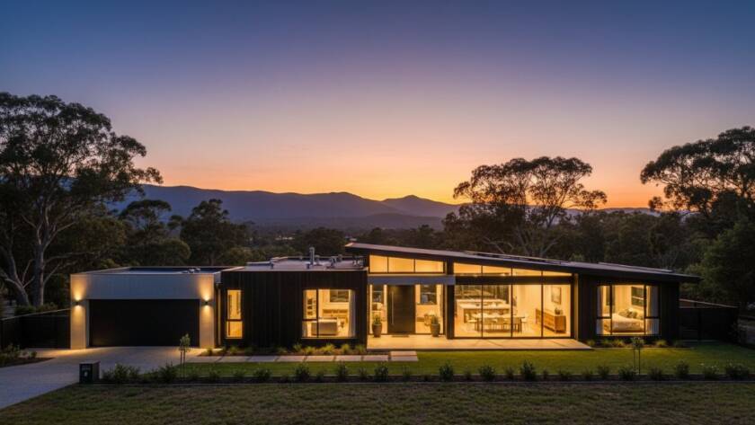 A stunning, wide-angle, twilight photograph showcasing elevated real estate photography The Basin, featuring a modern family home with warm interior lights glowing, nestled against the Dandenong Ranges at dusk, highlighting its unique architectural features and serene natural surroundings under a dramatic, colour-graded sky.