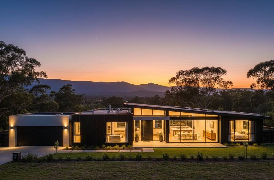 A stunning, wide-angle, twilight photograph showcasing elevated real estate photography The Basin, featuring a modern family home with warm interior lights glowing, nestled against the Dandenong Ranges at dusk, highlighting its unique architectural features and serene natural surroundings under a dramatic, colour-graded sky.