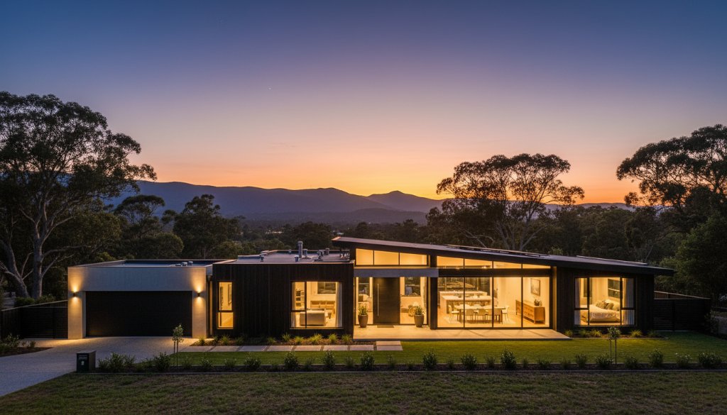 A stunning, wide-angle, twilight photograph showcasing elevated real estate photography The Basin, featuring a modern family home with warm interior lights glowing, nestled against the Dandenong Ranges at dusk, highlighting its unique architectural features and serene natural surroundings under a dramatic, colour-graded sky.