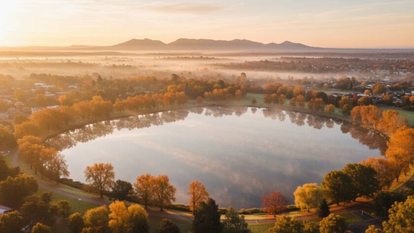 A stunning drone photograph at sunrise over Ringwood Lake Park, showing mist rising from the water and vibrant reflections of the autumn trees, with the Dandenong Ranges in the soft morning light, perfectly illustrating the impact of elevated Ringwood drone photography services Victoria.