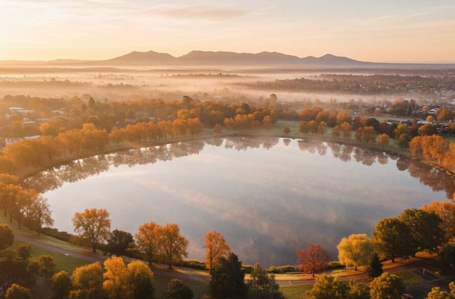 A stunning drone photograph at sunrise over Ringwood Lake Park, showing mist rising from the water and vibrant reflections of the autumn trees, with the Dandenong Ranges in the soft morning light, perfectly illustrating the impact of elevated Ringwood drone photography services Victoria.