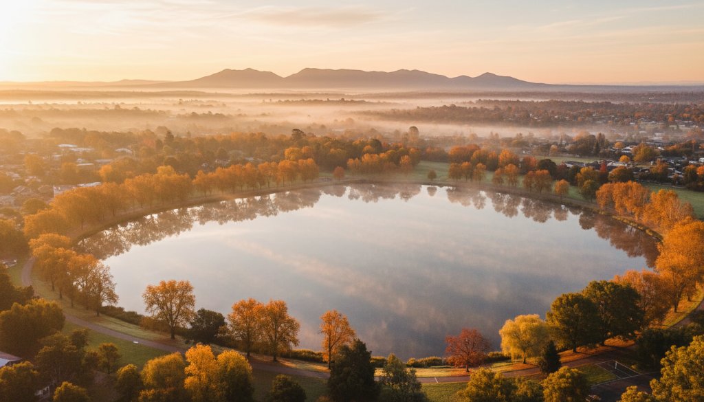 A stunning drone photograph at sunrise over Ringwood Lake Park, showing mist rising from the water and vibrant reflections of the autumn trees, with the Dandenong Ranges in the soft morning light, perfectly illustrating the impact of elevated Ringwood drone photography services Victoria.