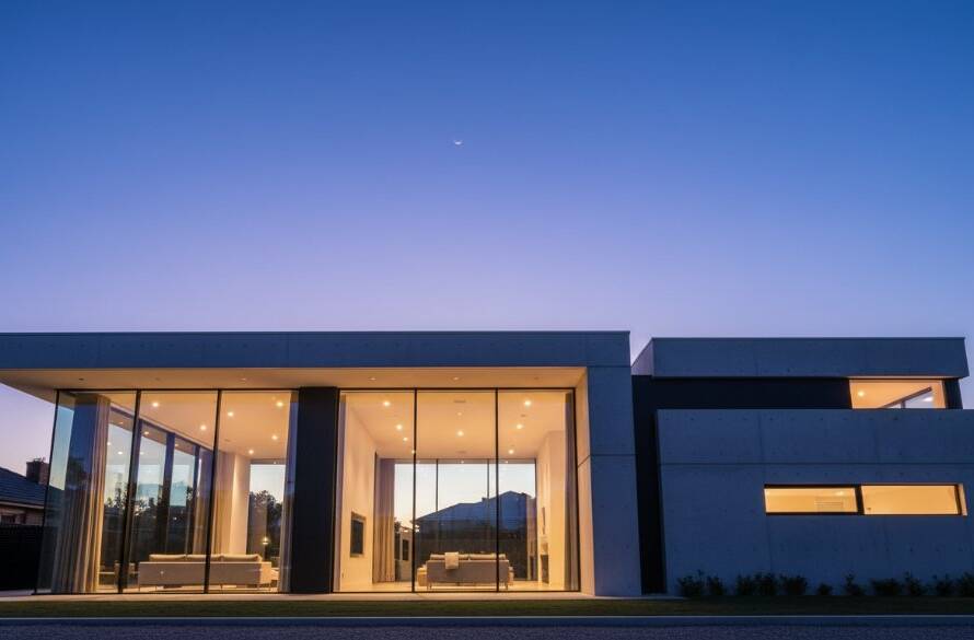 Dramatic, low-angle shot of a modern, minimalist home in Balwyn North at twilight, showcasing its unique lines and textures under a vibrant orange and purple sky, perfectly demonstrating elevating Balwyn North architecture photography with expert composition.