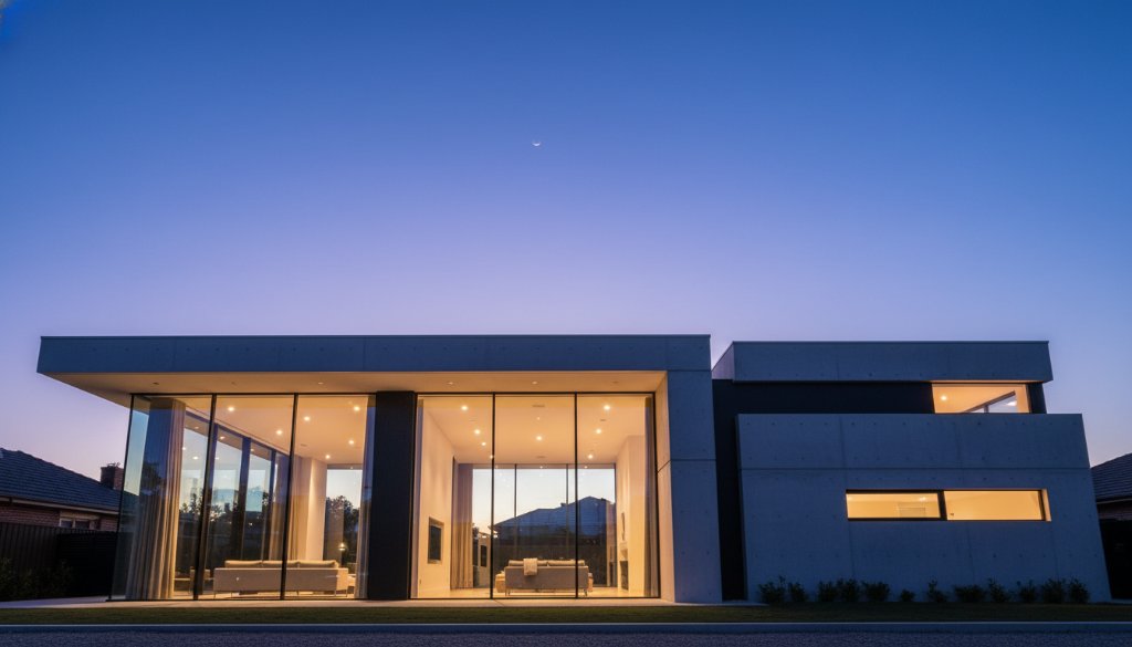 Dramatic, low-angle shot of a modern, minimalist home in Balwyn North at twilight, showcasing its unique lines and textures under a vibrant orange and purple sky, perfectly demonstrating elevating Balwyn North architecture photography with expert composition.