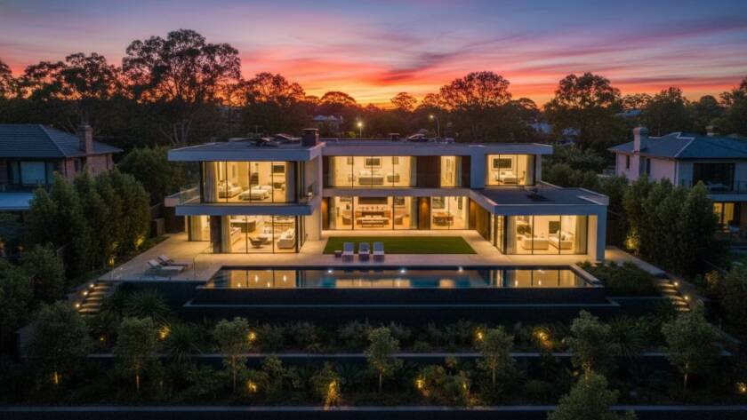 An exquisite twilight aerial photograph showcasing a modern Balwyn North luxury residence with a glowing interior and beautifully lit garden, perfectly illustrating the impact of elevating Balwyn North property listings with professional real estate photography.