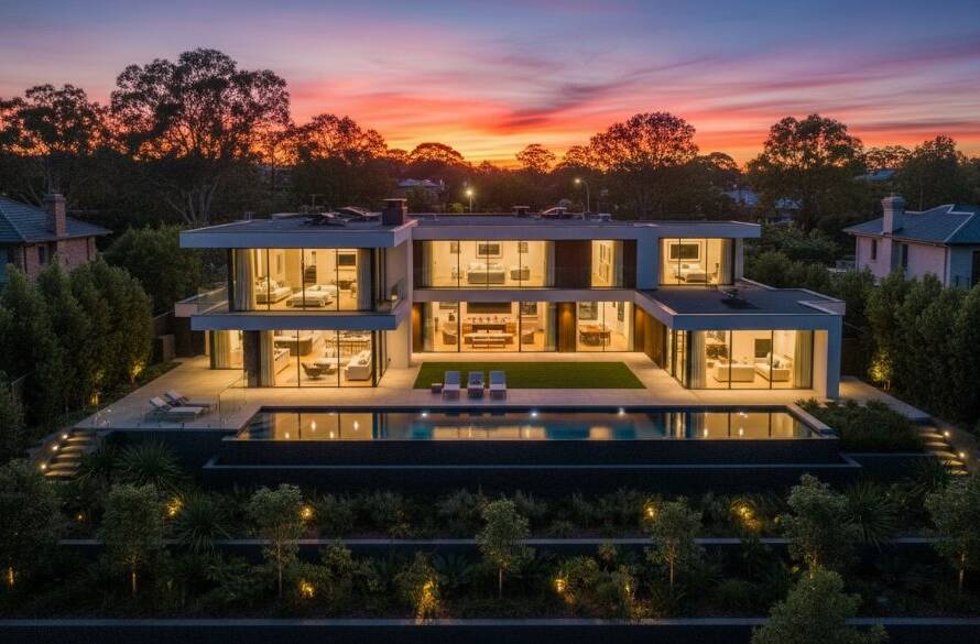 An exquisite twilight aerial photograph showcasing a modern Balwyn North luxury residence with a glowing interior and beautifully lit garden, perfectly illustrating the impact of elevating Balwyn North property listings with professional real estate photography.