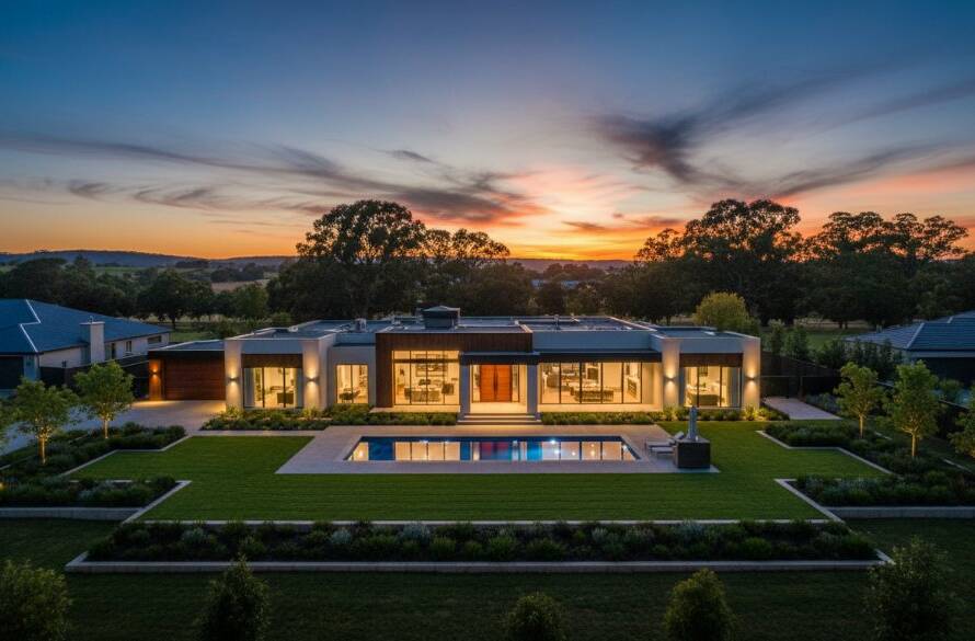 An aerial, cinematic twilight shot showcasing a stunning modern family home in Beaconsfield, Victoria, bathed in warm interior lights, nestled against a vibrant sunset sky. This image exemplifies how Elevating Beaconsfield property appeal with professional photography creates an unforgettable first impression, capturing the home's luxurious ambiance and the picturesque local environment.