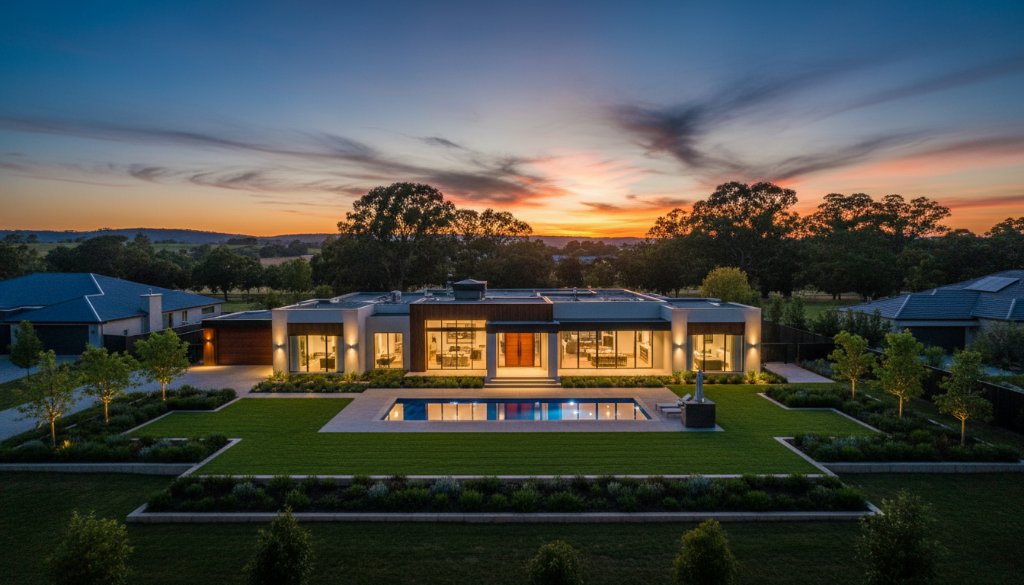 An aerial, cinematic twilight shot showcasing a stunning modern family home in Beaconsfield, Victoria, bathed in warm interior lights, nestled against a vibrant sunset sky. This image exemplifies how Elevating Beaconsfield property appeal with professional photography creates an unforgettable first impression, capturing the home's luxurious ambiance and the picturesque local environment.