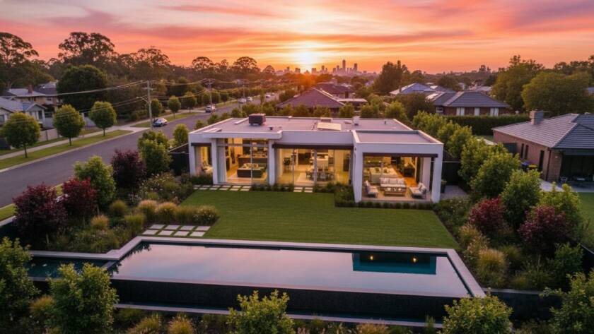 An aerial, cinematic shot capturing the essence of elevating Box Hill North property listings with professional photography, showcasing a modern home bathed in golden hour light, with a shimmering pool and the verdant local landscape, evoking aspirational living.