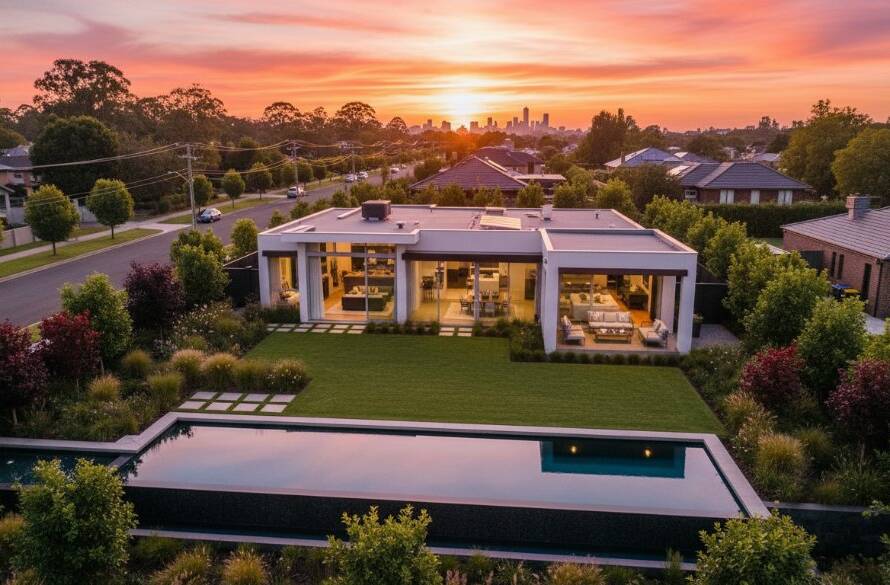 An aerial, cinematic shot capturing the essence of elevating Box Hill North property listings with professional photography, showcasing a modern home bathed in golden hour light, with a shimmering pool and the verdant local landscape, evoking aspirational living.