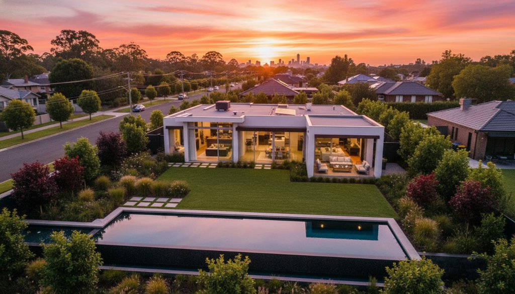 An aerial, cinematic shot capturing the essence of elevating Box Hill North property listings with professional photography, showcasing a modern home bathed in golden hour light, with a shimmering pool and the verdant local landscape, evoking aspirational living.