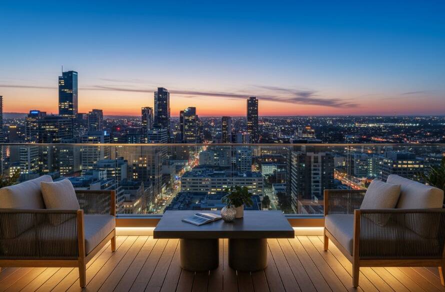 An epic twilight photograph showcasing a luxurious Box Hill apartment balcony with stunning city views, demonstrating the impact of Elevating Box Hill Property Listings with Professional Real Estate Photography.
