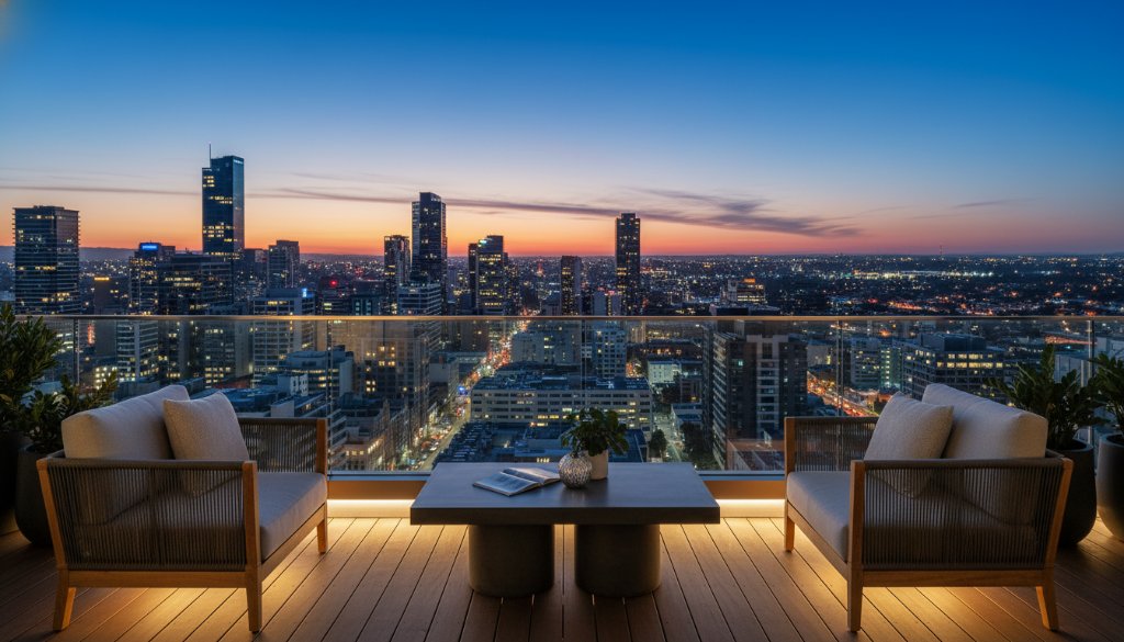 An epic twilight photograph showcasing a luxurious Box Hill apartment balcony with stunning city views, demonstrating the impact of Elevating Box Hill Property Listings with Professional Real Estate Photography.
