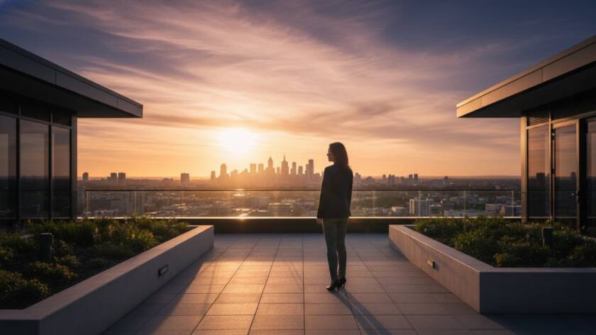 A breathtaking, emotionally resonant fine art photograph, capturing a solitary figure silhouetted against a dramatic sunset over Box Hill Central, showcasing the unique spirit of the area. This image embodies 'Elevating Box Hill Victoria stories with fine art photography' with professional colour grading and cinematic appeal.