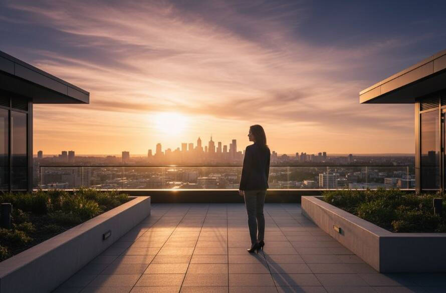 A breathtaking, emotionally resonant fine art photograph, capturing a solitary figure silhouetted against a dramatic sunset over Box Hill Central, showcasing the unique spirit of the area. This image embodies 'Elevating Box Hill Victoria stories with fine art photography' with professional colour grading and cinematic appeal.