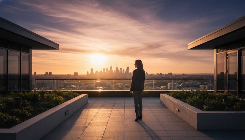 A breathtaking, emotionally resonant fine art photograph, capturing a solitary figure silhouetted against a dramatic sunset over Box Hill Central, showcasing the unique spirit of the area. This image embodies 'Elevating Box Hill Victoria stories with fine art photography' with professional colour grading and cinematic appeal.