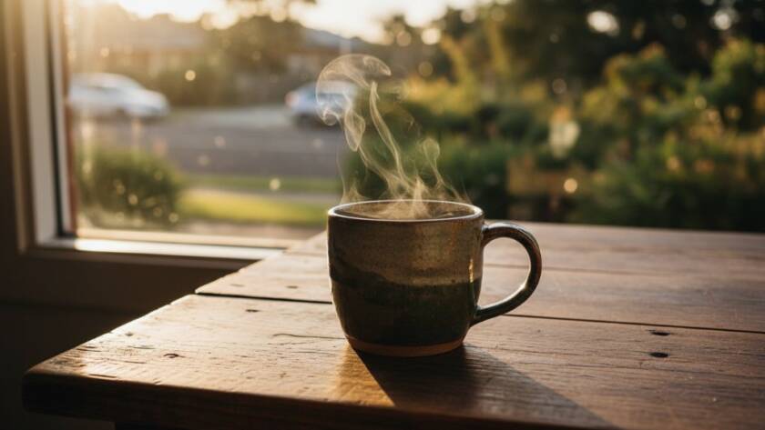 An epic, dramatic close-up of a meticulously arranged artisan coffee blend, with steam rising gracefully against a blurred, golden-lit backdrop suggesting a bustling café interior in Croydon South, showcasing Elevating Brand Aesthetics Product Photography Croydon South Victoria. The scene is professionally lit, highlighting texture and warmth, embodying the essence of quality and craft.