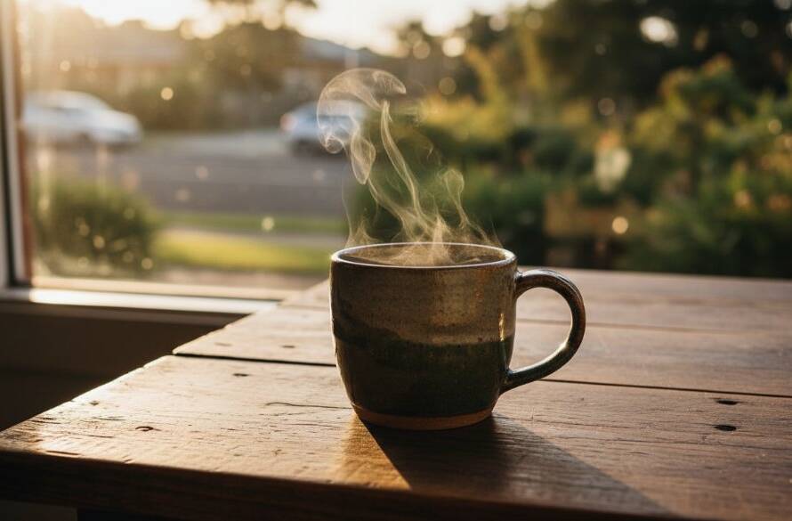 An epic, dramatic close-up of a meticulously arranged artisan coffee blend, with steam rising gracefully against a blurred, golden-lit backdrop suggesting a bustling café interior in Croydon South, showcasing Elevating Brand Aesthetics Product Photography Croydon South Victoria. The scene is professionally lit, highlighting texture and warmth, embodying the essence of quality and craft.