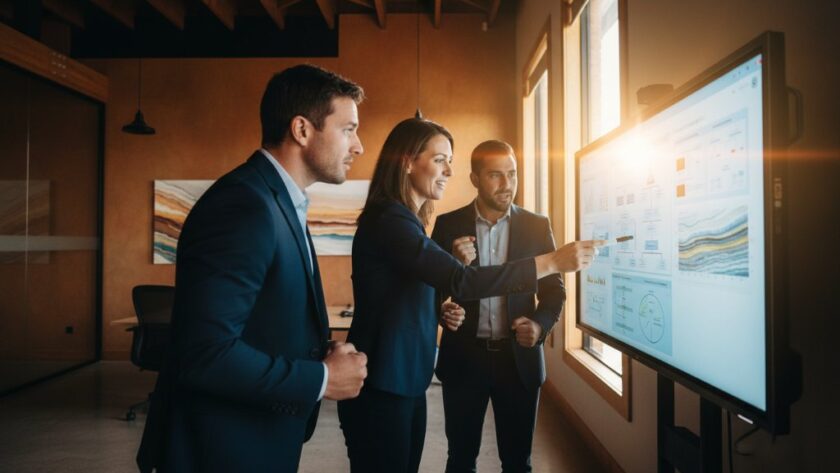 A dramatic, professionally lit photograph showcasing a successful business team collaborating confidently in a modern, open-plan office setting in Miners Rest, Victoria, subtly hinting at the gold rush heritage through a warm colour palette, embodying the spirit of 'Elevating brand presence with authentic corporate photography Miners Rest Victoria' with a sense of dynamic growth.