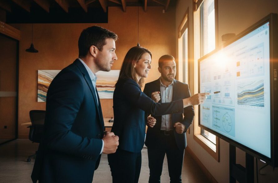 A dramatic, professionally lit photograph showcasing a successful business team collaborating confidently in a modern, open-plan office setting in Miners Rest, Victoria, subtly hinting at the gold rush heritage through a warm colour palette, embodying the spirit of 'Elevating brand presence with authentic corporate photography Miners Rest Victoria' with a sense of dynamic growth.