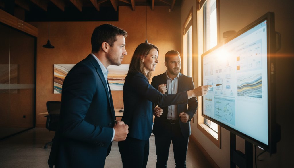 A dramatic, professionally lit photograph showcasing a successful business team collaborating confidently in a modern, open-plan office setting in Miners Rest, Victoria, subtly hinting at the gold rush heritage through a warm colour palette, embodying the spirit of 'Elevating brand presence with authentic corporate photography Miners Rest Victoria' with a sense of dynamic growth.