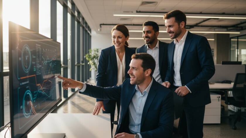 Dynamic wide shot capturing a group of diverse professionals collaborating energetically in a modern Ferntree Gully office space, bathed in golden hour light, Elevating Brands with Corporate Photography Ferntree Gully through authentic teamwork.