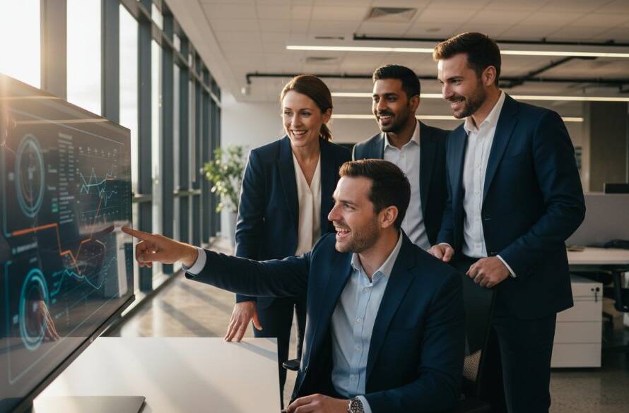 Dynamic wide shot capturing a group of diverse professionals collaborating energetically in a modern Ferntree Gully office space, bathed in golden hour light, Elevating Brands with Corporate Photography Ferntree Gully through authentic teamwork.