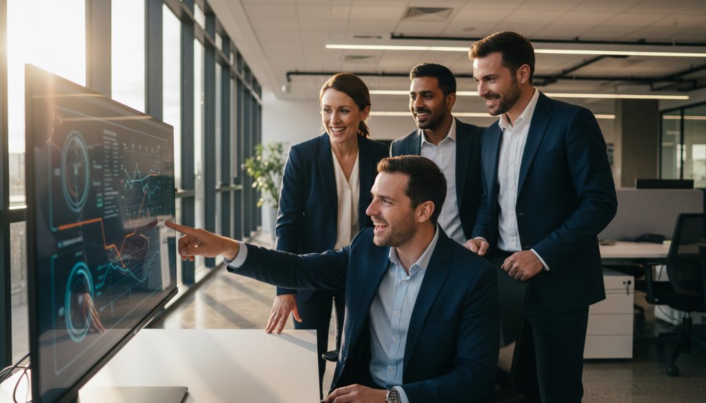Dynamic wide shot capturing a group of diverse professionals collaborating energetically in a modern Ferntree Gully office space, bathed in golden hour light, Elevating Brands with Corporate Photography Ferntree Gully through authentic teamwork.