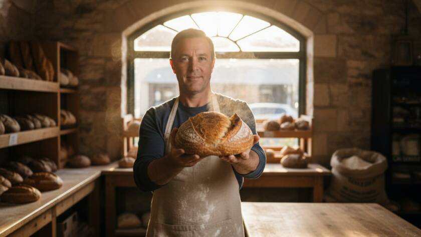 An epic moment capture of a local Mitcham artisanal baker proudly presenting a freshly baked sourdough loaf, dramatically lit with warm natural light streaming through a cafe window, showcasing the texture and appeal of the product. This 'Elevating brands with dynamic advertising photography Mitcham' image emphasizes quality and local craftsmanship.