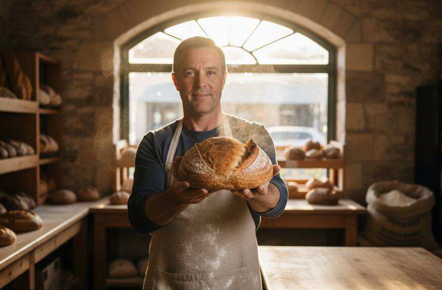 An epic moment capture of a local Mitcham artisanal baker proudly presenting a freshly baked sourdough loaf, dramatically lit with warm natural light streaming through a cafe window, showcasing the texture and appeal of the product. This 'Elevating brands with dynamic advertising photography Mitcham' image emphasizes quality and local craftsmanship.