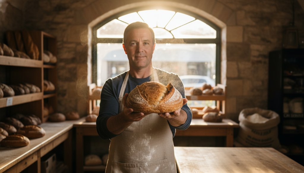 An epic moment capture of a local Mitcham artisanal baker proudly presenting a freshly baked sourdough loaf, dramatically lit with warm natural light streaming through a cafe window, showcasing the texture and appeal of the product. This 'Elevating brands with dynamic advertising photography Mitcham' image emphasizes quality and local craftsmanship.