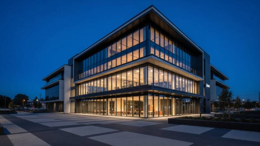 An wide, striking panoramic shot showcasing a modern, geometric commercial building in Burwood East at dawn, with dramatic warm light hitting its glass and steel facade, emphasizing its unique design and expertly elevating Burwood East building design photography.