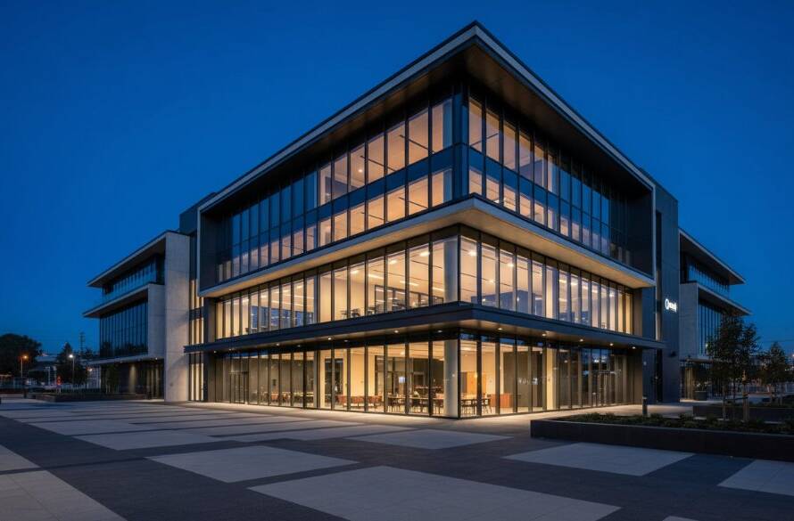 An wide, striking panoramic shot showcasing a modern, geometric commercial building in Burwood East at dawn, with dramatic warm light hitting its glass and steel facade, emphasizing its unique design and expertly elevating Burwood East building design photography.