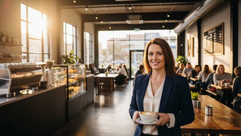 An inspiring wide-angle shot of a local small business owner in Clayton, Victoria, proudly presenting their newly designed product line in a modern, sunlit retail space, highlighting the power of Elevating Business Image Clayton VIC Commercial Photography. The scene is captured with dramatic, soft natural light, showcasing the vibrant colours and intricate details of the products, with the owner's silhouette adding a sense of professionalism and dedication.