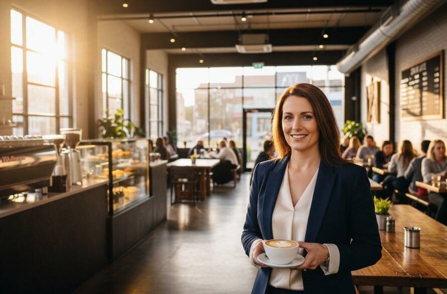 An inspiring wide-angle shot of a local small business owner in Clayton, Victoria, proudly presenting their newly designed product line in a modern, sunlit retail space, highlighting the power of Elevating Business Image Clayton VIC Commercial Photography. The scene is captured with dramatic, soft natural light, showcasing the vibrant colours and intricate details of the products, with the owner's silhouette adding a sense of professionalism and dedication.