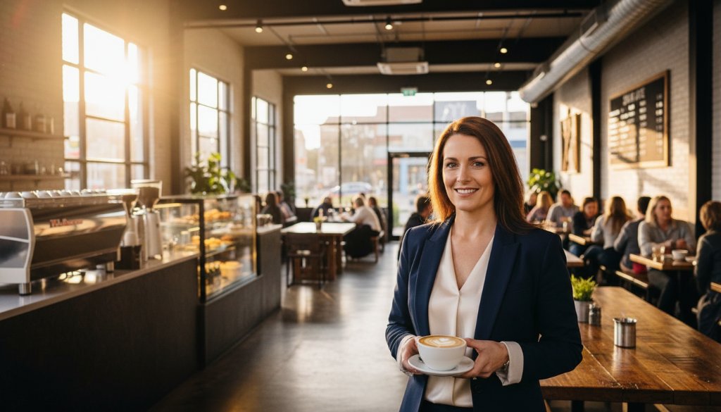 An inspiring wide-angle shot of a local small business owner in Clayton, Victoria, proudly presenting their newly designed product line in a modern, sunlit retail space, highlighting the power of Elevating Business Image Clayton VIC Commercial Photography. The scene is captured with dramatic, soft natural light, showcasing the vibrant colours and intricate details of the products, with the owner's silhouette adding a sense of professionalism and dedication.