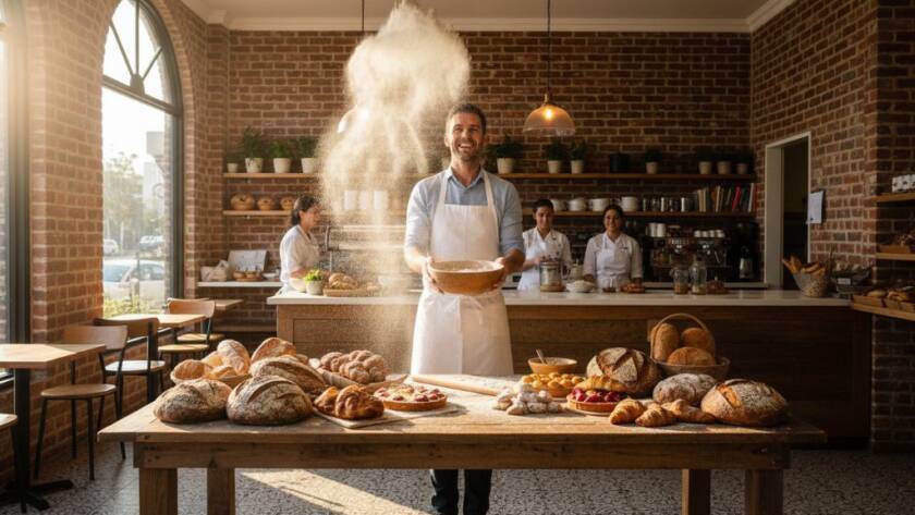 An epic moment captured: a vibrant advertising photoshoot in a stylish artisanal bakery in Caulfield North, featuring a charismatic baker playfully tossing flour above freshly baked bread. The scene is bathed in dramatic sunlight, with professional lighting and dynamic composition, highlighting the impactful advertising photography.