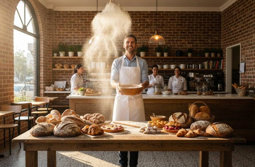 An epic moment captured: a vibrant advertising photoshoot in a stylish artisanal bakery in Caulfield North, featuring a charismatic baker playfully tossing flour above freshly baked bread. The scene is bathed in dramatic sunlight, with professional lighting and dynamic composition, highlighting the impactful advertising photography.