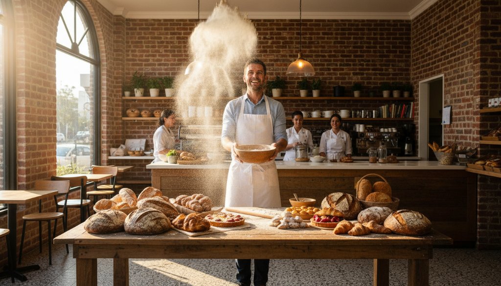 An epic moment captured: a vibrant advertising photoshoot in a stylish artisanal bakery in Caulfield North, featuring a charismatic baker playfully tossing flour above freshly baked bread. The scene is bathed in dramatic sunlight, with professional lighting and dynamic composition, highlighting the impactful advertising photography.