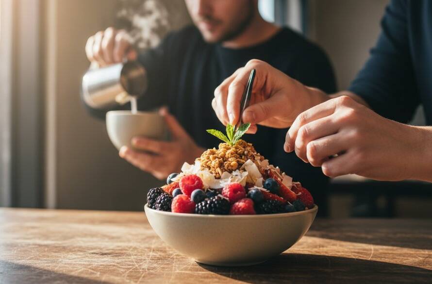 A dramatically lit, close-up, top-down shot of a perfectly plated avocado toast with poached eggs and microgreens on a rustic wooden table in a bustling Caulfield South cafe, capturing the vibrant colours and fresh textures for an elevated Caulfield South cafe food photography portfolio.