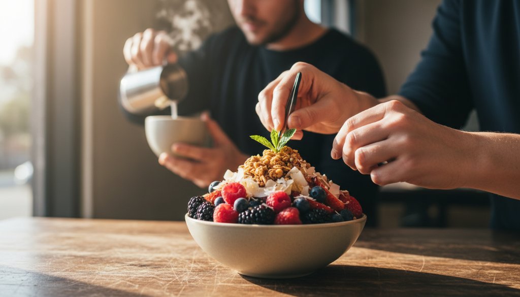 A dramatically lit, close-up, top-down shot of a perfectly plated avocado toast with poached eggs and microgreens on a rustic wooden table in a bustling Caulfield South cafe, capturing the vibrant colours and fresh textures for an elevated Caulfield South cafe food photography portfolio.