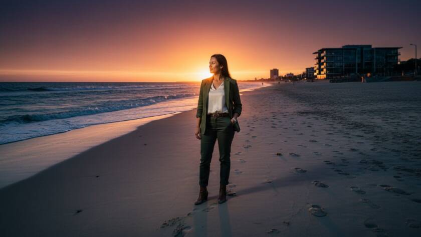 Dynamic wide shot capturing a confident business professional at sunset on Chelsea Beach, Victoria, with a modern office building in the background, symbolising success and elevating Chelsea corporate profiles Victoria, professionally colour-graded.