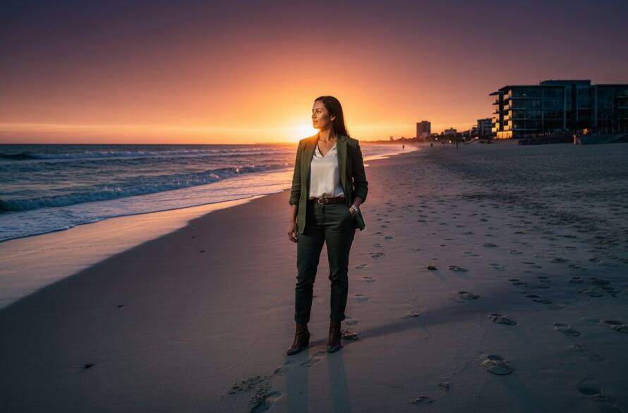 Dynamic wide shot capturing a confident business professional at sunset on Chelsea Beach, Victoria, with a modern office building in the background, symbolising success and elevating Chelsea corporate profiles Victoria, professionally colour-graded.
